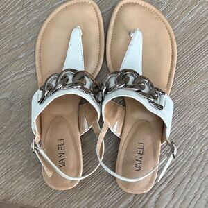 Vaneli White Sandals with Silver Chain Detail